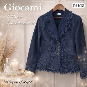 Giocami Embroidered Denim Jacket M | Boho Fringe Floral Stitch Statement Jacket